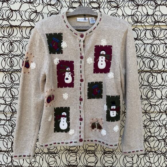 VTG Petite Rustic Cabincore Snowman Patchwork Christmas Cardigan Sweater MEDIUM - Picture 1 of 8